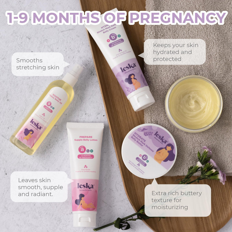 [Australia] - Pregnancy Stages A & B Set | Belly Lotion, Belly Oil, Stretch Mark Defense Cream & Belly Butter | Pregnant Mom Months 1-9 | Part of Complete 3-Part Pregnancy Skincare System (Set of 4, 4-4.93oz) 1-6 Month, 4-Pack 