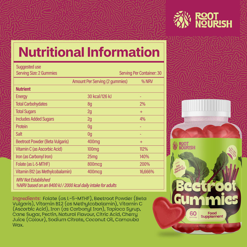 Beetroot Gummies, 60 400mg Beetroot Gummies, High Strength Multi Vitamin Supplement High in Iron, Vitamin C, B12 & Folic Acid Supplement for Energy, Circulation, Tiredness & Immune Support