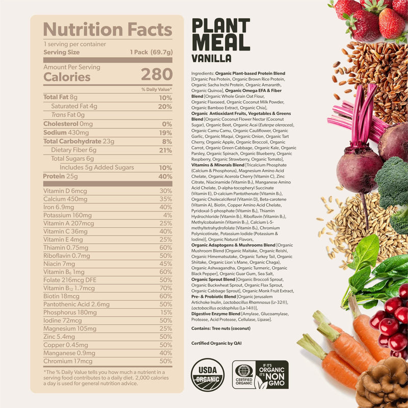 Plant Meal Replacement Shake - Vanilla - 25g of Plant Based Vegan Protein Powder, 76+ Organic Superfoods, Vitamins & Minerals, Mushrooms, Super Greens, Digestive Enzymes & Probiotics - 1 Serving 2.45 Ounce (Pack of 1)
