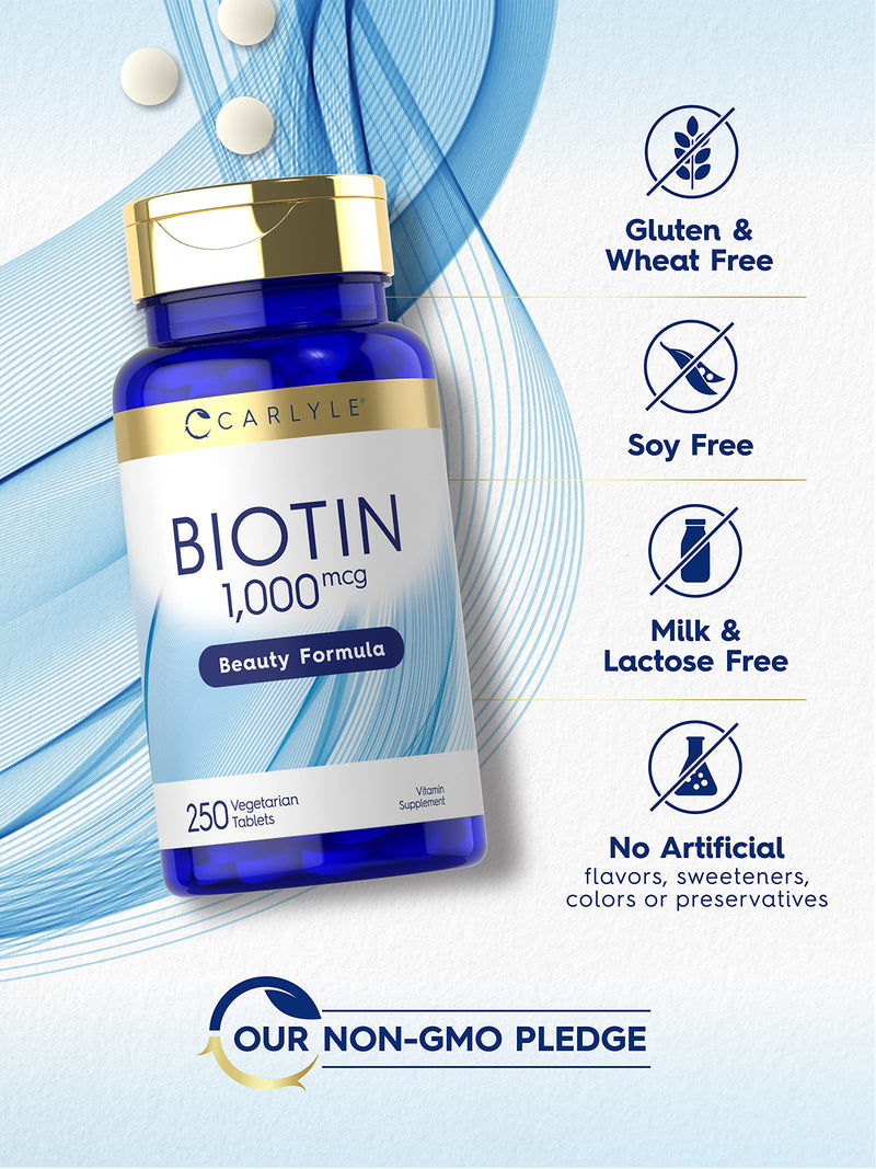Carlyle Biotin 1000mcg | 250 Vegetarian Tablets | Beauty Formula Supplement | Non-GMO, Gluten Free