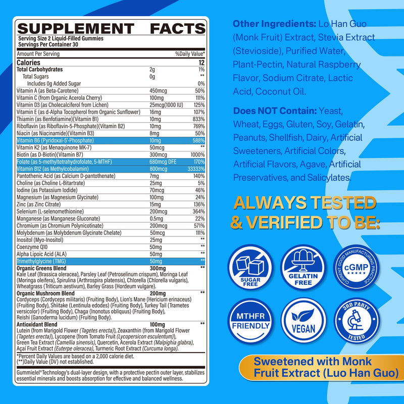Methylated Multivitamin for Women Mens Gummies, Daily Vitmains Methylfolate | Greens & Mushroom Blend, Methyl B12, TMG, Choline, D3K2, B Complex, Coq10, ALA, Overall Wellness, Energy, Sugar Free, 60 Ct 60 Count (Pack of 1)