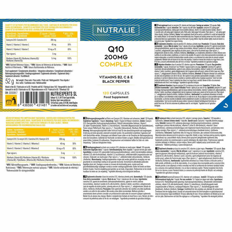 Coenzyme Q10 Complex 200mg - Vitamins C, E and B2 - with Black Pepper - 120 Capsules Coq10 - Ubiquinone Coenzyme Q10-120 Capsules Nutralie
