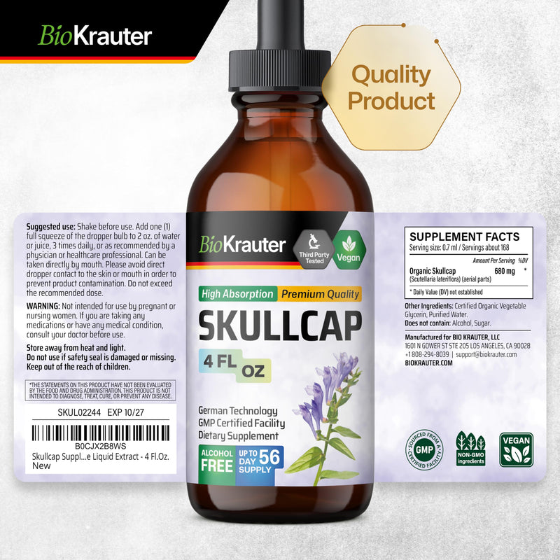 [Australia] - Skullcap Herb Tincture - Organic Scutellaria Lateriflora Liquid Extract - Nervous System Support Supplement - Alcohol and Sugar Free Skullcap Tincture - Vegan Drops 4 Fl.Oz. 4 Fl Oz (Pack of 1) 