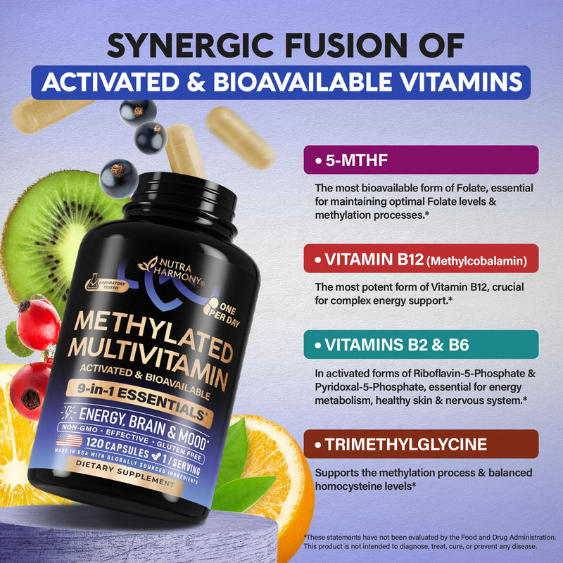 Methylated Multivitamin - 9in1 Supplement with TMG, 5MTHF & B12 - 120 Caps | MTHFR Supplement for Men & Women - B-Complex, Antioxidants C & E, Vitamin D3 & K2 - Energy, Brain & Mood - Vegan, Lab Tested