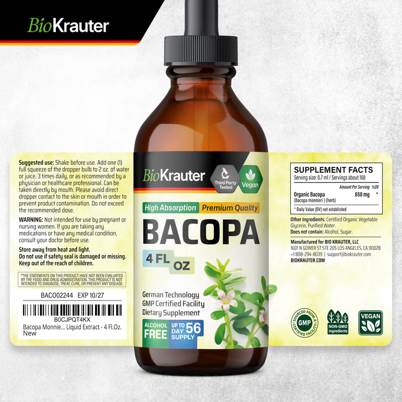 [Australia] - Bacopa Monnieri Organic Tincture - Cognitive Health Support Liquid Supplement - Organic Bacopa Herbal Extract - Alcohol & Sugar Free Vegan Drops 4 Fl.Oz. 4 Fl Oz (Pack of 1) 