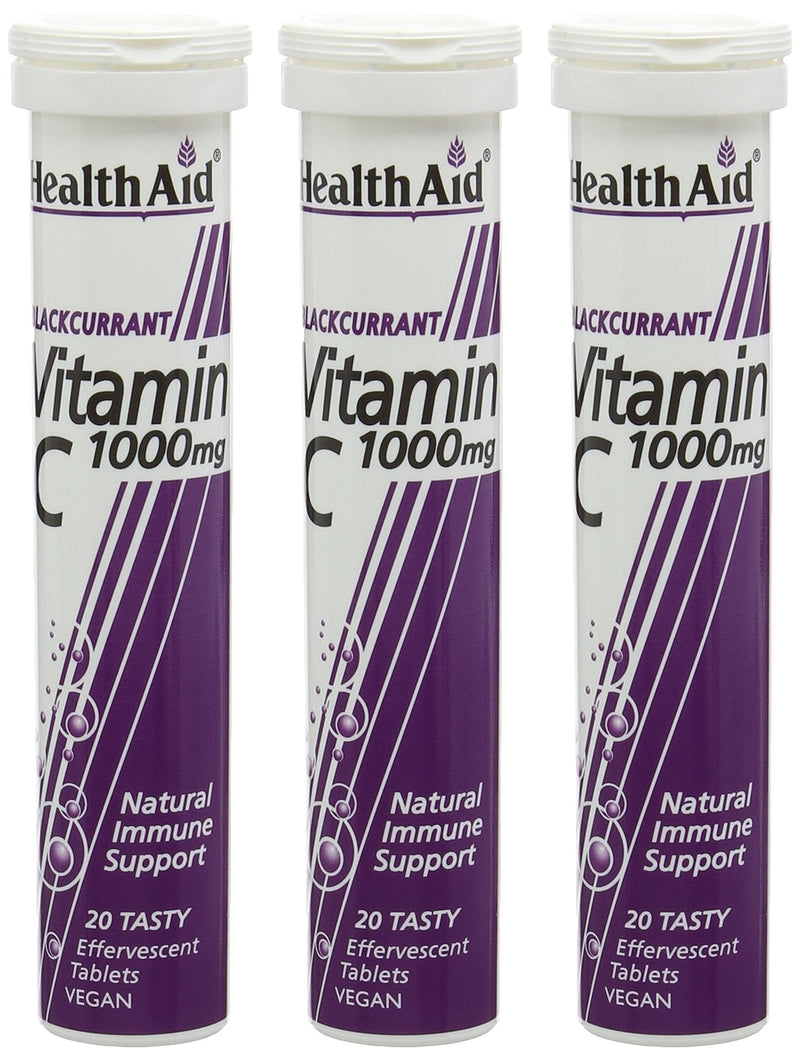 HealthAid Vitamin C Blackcurrant Flavour Vegetarian Effervescent 1000mg 20 Tablets, Pack of 3 20 count (Pack of 3)