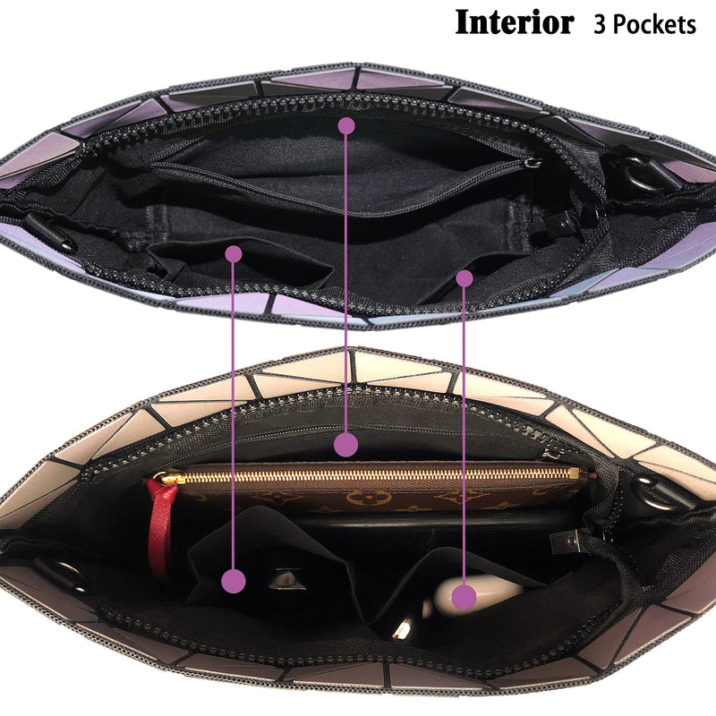 Geometric Purse for Women,Geometric Luminous Crossbody Bags (Large) and Holographic Clutch Set-3a