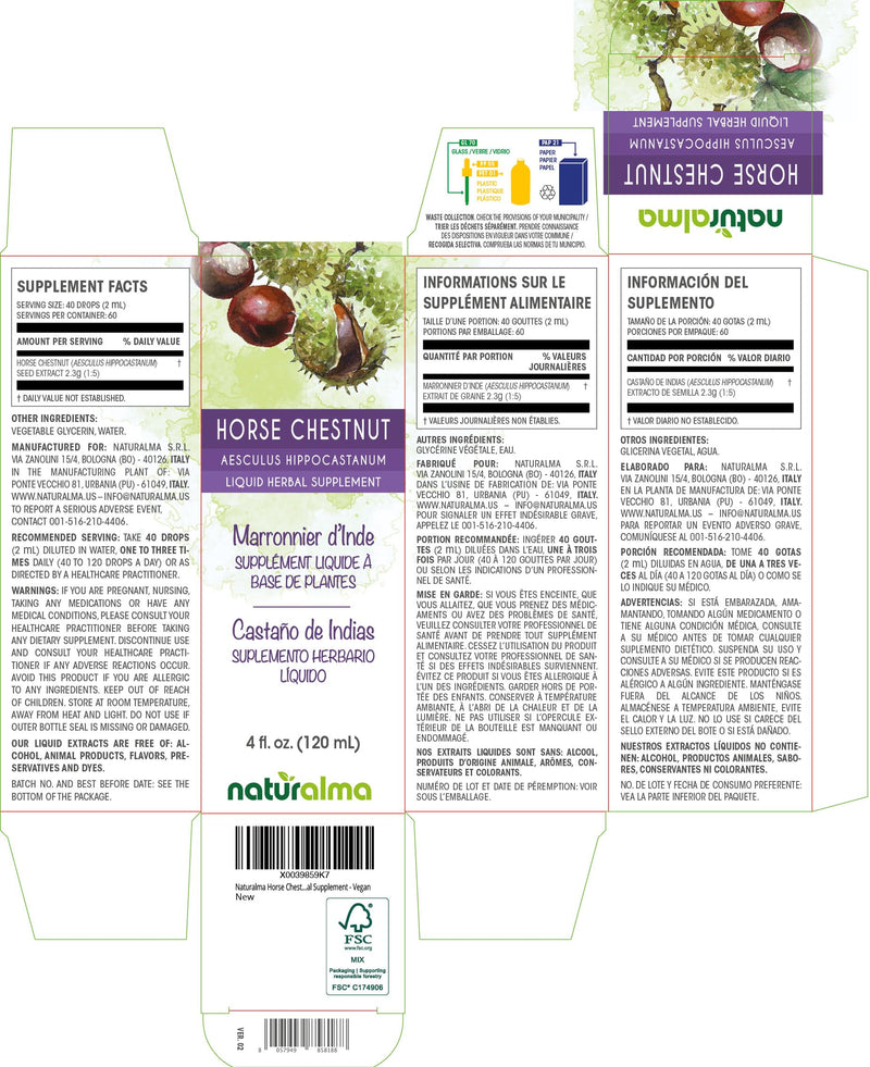 [Australia] - Naturalma Horse Chestnut (Aesculus hippocastanum) Seed Alcohol-Free Tincture - 4 fl oz Liquid Extract in Drops - Herbal Supplement - Vegan 4 Fl Oz (Pack of 1) 