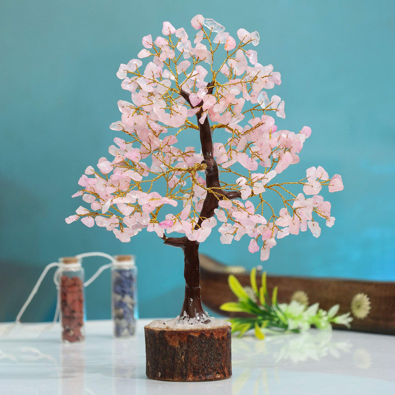 Rose Quartz Gemstone Tree - Crystal for Positive Energy, Handmade Chakra Tree, Feng Shui Figurine Money Bonsai, Good Luck Reiki Healing Crystals, Decoration Ornament Sculpture Prosperity Gift 001 Rose Quartz (Golden Wire)