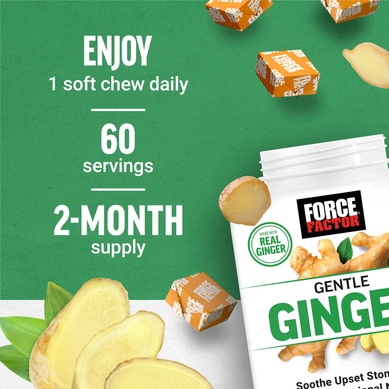 Force Factor Gentle Ginger Chews for Nausea Relief | Motion Sickness & Morning Sickness, Vitamin B6 for Digestive Support, Ginger Supplement, Honey-Lemon Ginger Flavor, 60 Chews