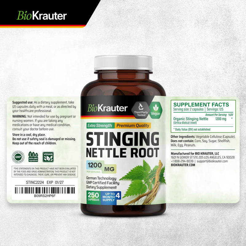 [Australia] - BIO KRAUTER Stinging Nettle Capsules 1200 mg - 250 Natural Urinary Tract & Overall Support Caps - Nettle Root Powder (Urtica Dioica) - Non GMO 250 Count (Pack of 1) 