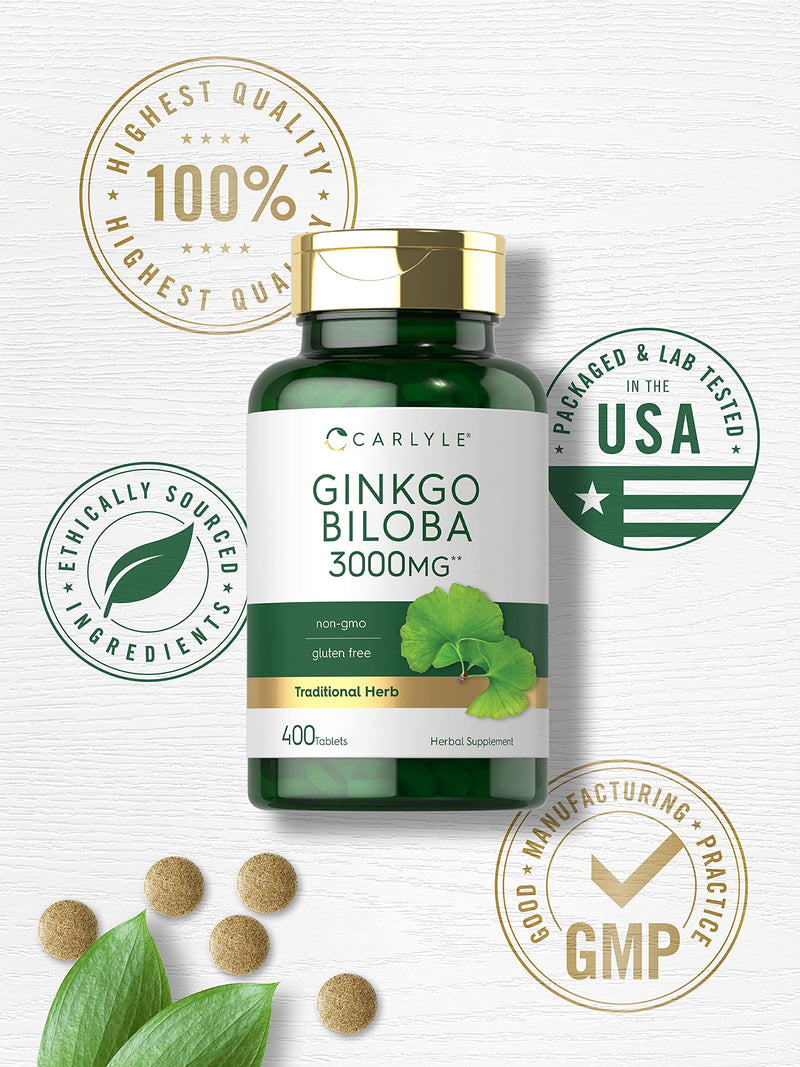 Carlyle Ginkgo Biloba 3000mg | 400 Tablets | Non-GMO, Gluten Free Supplement