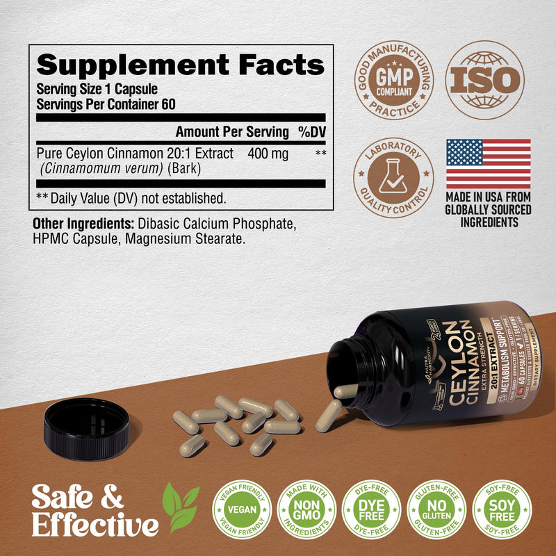 Ceylon Cinnamon Capsules - Energy Heart & Metabolism Support - 60 Capsules | Pure Natural Cinnamon Supplement for Men & Women - Extra Strenght 20:1 Extract - GMO & Gluten-Free - 2-Month Supply 60 Count (Pack of 1)