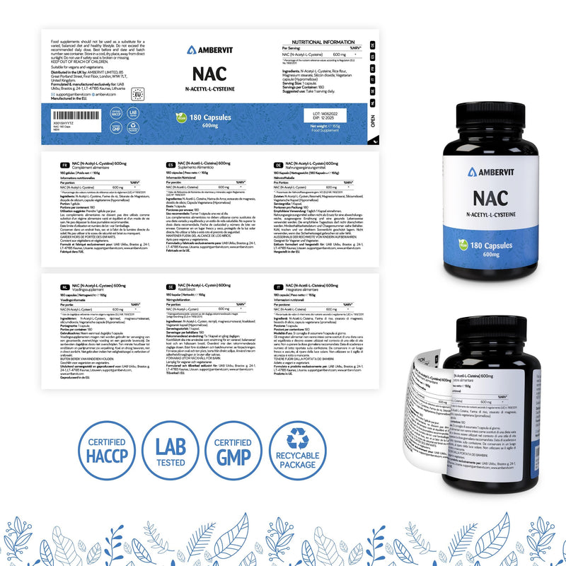 [Australia] - NAC 600 mg from fermentation - 180 capsules (N acetyl cysteine, acetylcysteine) Premium NAC capsules from plant-derived | High bioavailability and tolerability | Ambervit 
