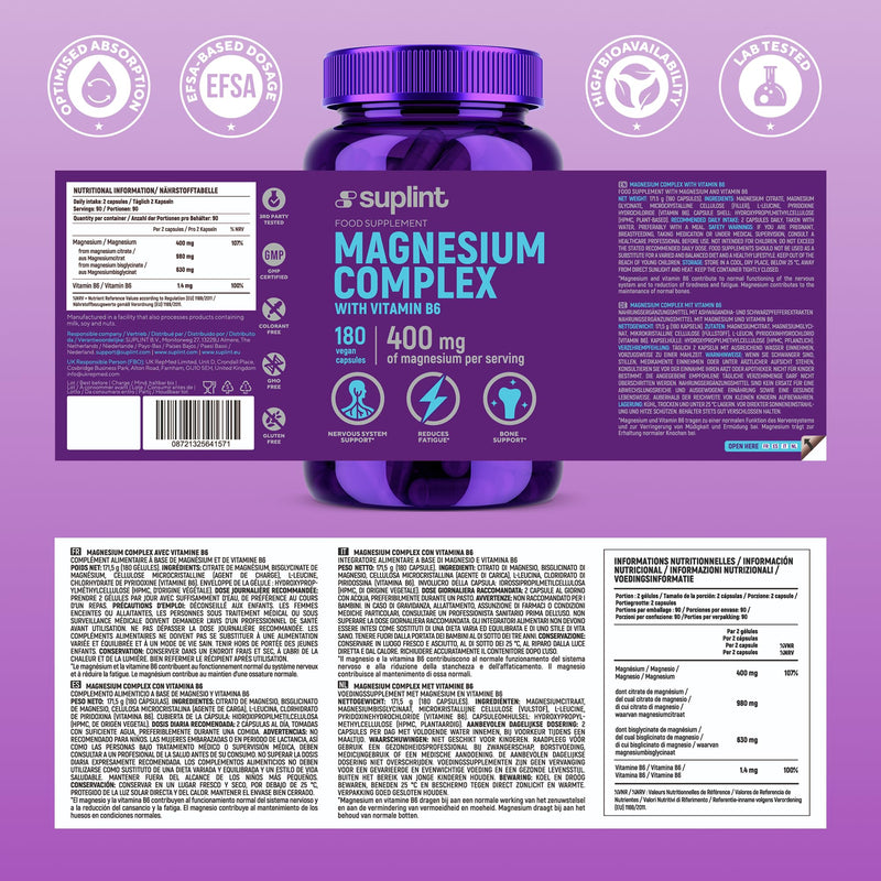 Magnesium Complex 400 mg – Bisglycinate + Citrate with Vitamin B6 – High Strength & Lab Tested – for Nerves, Muscles & Energy – Vegan, No Additives – 180 Capsules 180 count (Pack of 1)