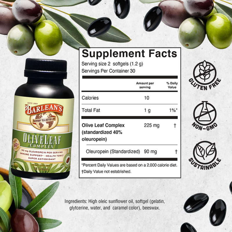 [Australia] - Barlean's Olive Leaf Complex Softgels Immune Support Supplement with 90 mg Oleuropein Antioxidants, Concentrated Heart Health & Immunity Booster Pills, 120 Count Natural Olive Leaf Softgel 120 Count (Pack of 1) 