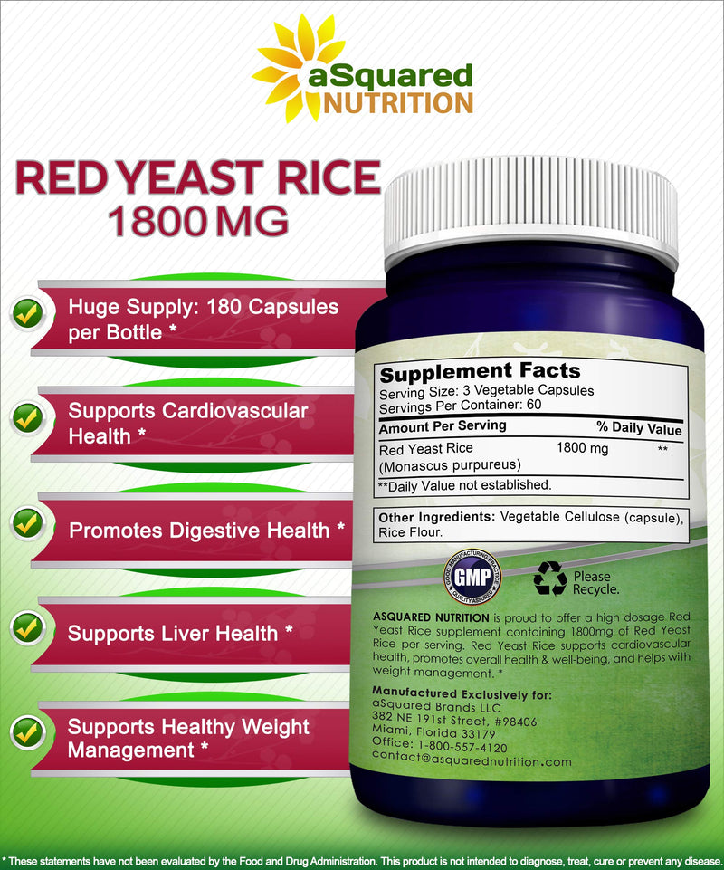 [Australia] - aSquared Nutrition Red Yeast Rice 1800mg - Dietary Supplement Vegan Powder Pills to Support Cardiovascular Health - 180 Veggie Capsules 