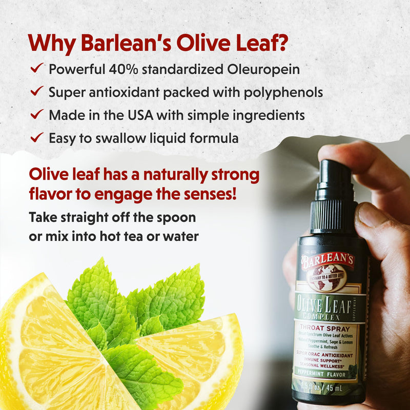 [Australia] - Barlean's Olive Leaf Complex Throat Spray with Peppermint, Lemon, & Sage for Itchy Throat Relief, Immune Support Supplement for Seasonal Wellness, Liquid Blended Extract, 1.5 oz Olive Leaf Throat Spray - 1.5 oz 