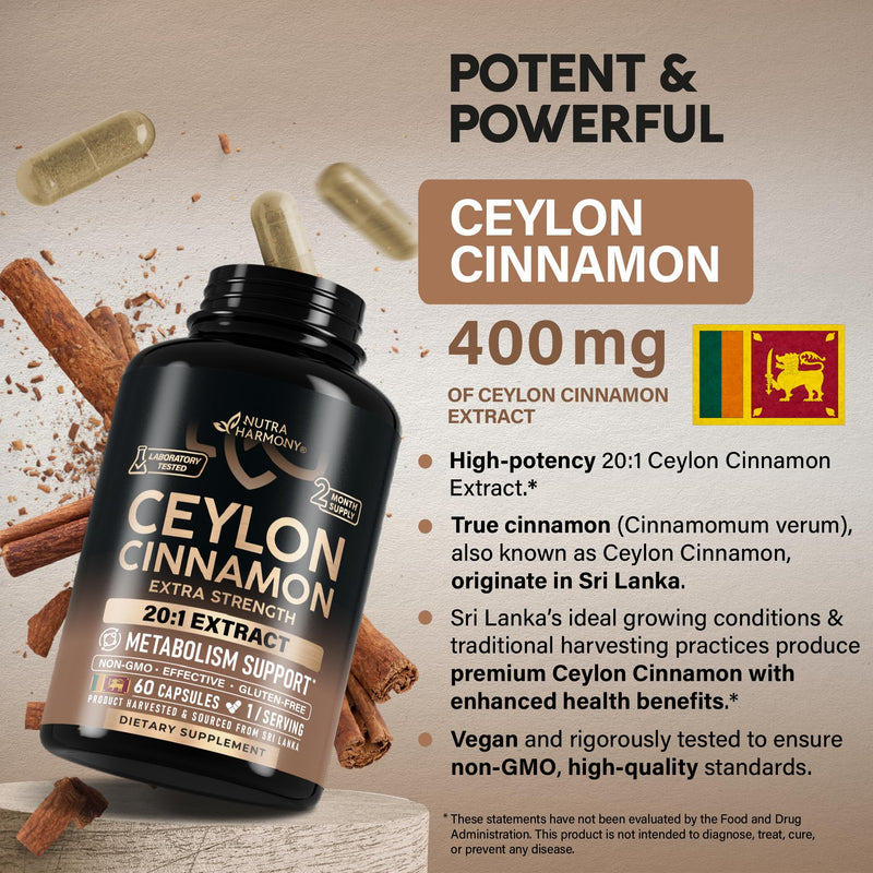 Ceylon Cinnamon Capsules - Energy Heart & Metabolism Support - 60 Capsules | Pure Natural Cinnamon Supplement for Men & Women - Extra Strenght 20:1 Extract - GMO & Gluten-Free - 2-Month Supply 60 Count (Pack of 1)