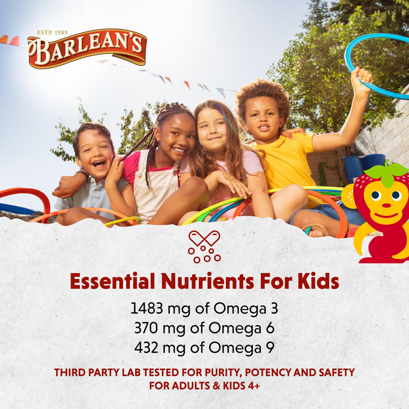 [Australia] - Barlean's Omega Pals Omega 3 for Kids, Yummy Straw-Nana Flavored Children's Liquid Flax Seed Oil Supplement with 1,483 mg ALA, Non-GMO, Vegan Brain and Eye Health, 8 oz Sensational Straw-Nana 8 Ounce (Pack of 1) 