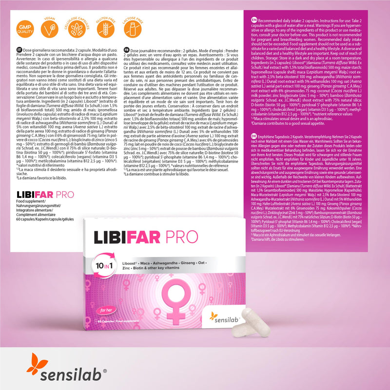 Libido Booster for Women with Liboost, Maca, Ashwagandha KSM 66, Ginseng, Zinc, Biotin, Vitamin D, Vitamin B6, and Vitamin B12, 60 Capsules LibiFAR PRO by Sensilab Libido Booster