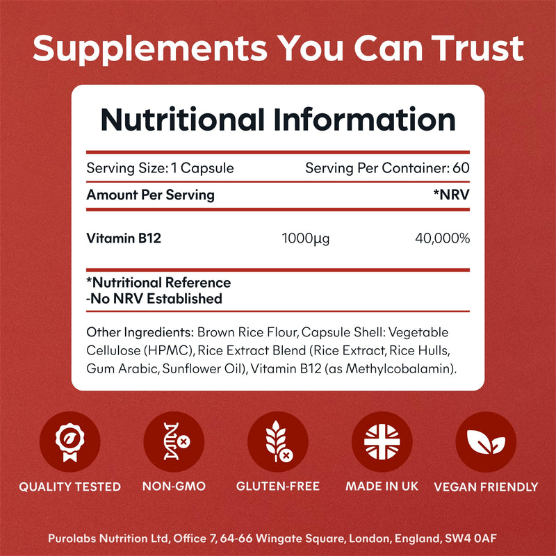 Purolabs Vitamin B12 Tablets 1000µg – High Strength Methylcobalamin for Energy, Immunity & Tiredness – Premium Vitamin B12 Supplements & Capsules – Vegan, High Absorption, No Fillers – 60 Count