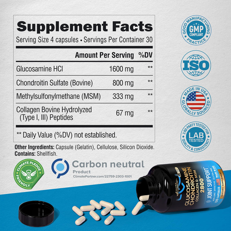 [Australia] - Glucosamine Chondroitin MSM Collagen | FSA HSA Eligible | Joint Support Supplement 2800 mg | Made in USA | FSA Approved Product Items | Flexibility Nutritional Vitamins | For Men & Women, 120 Capsules 120 Count (Pack of 1) 