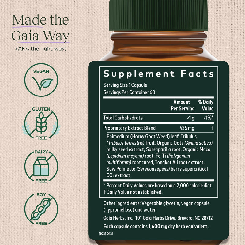 [Australia] - Gaia Herbs Male Libido - Herbal Supplement with Saw Palmetto, Horny Goat Weed, Maca & Oats - Supports Stamina, Vitality & Hormone Balance for Men - 60 Vegan Liquid Phyto-Capsules (20-Day Supply) 60 Count (Pack of 1) Standard Packaging 