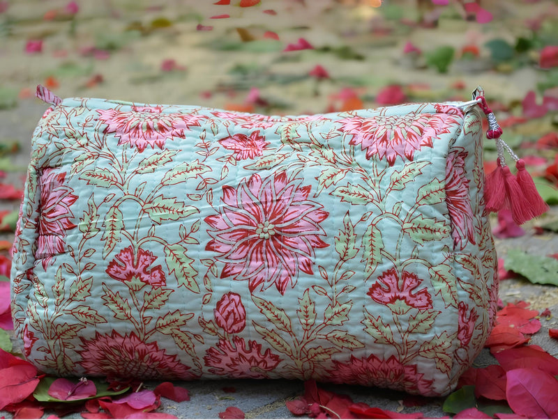INDACORIFY Indian Cotton Floral Block Print Toiletry Travel & Make up Pouch Set of 3 Pieces Quilted Bags Shaving Kit