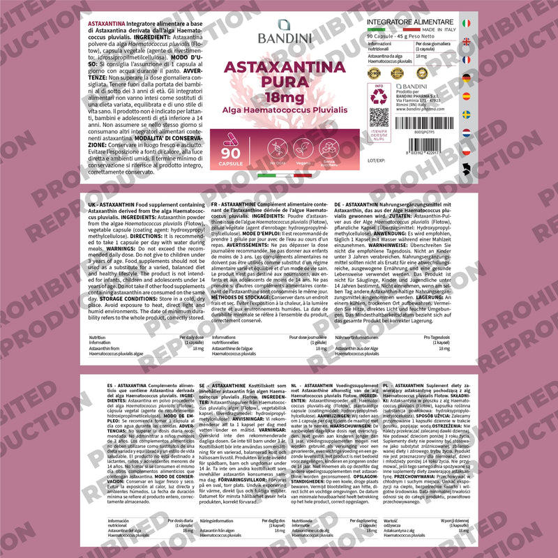 Bandini® Pure Astaxanthin 18 mg per capsule | 90 capsules - 3 months' supply | Powerful natural antioxidant from Haematococcus Pluvialis algae - Natural Astaxanthine, Magnesium stearate-free, GMO-free