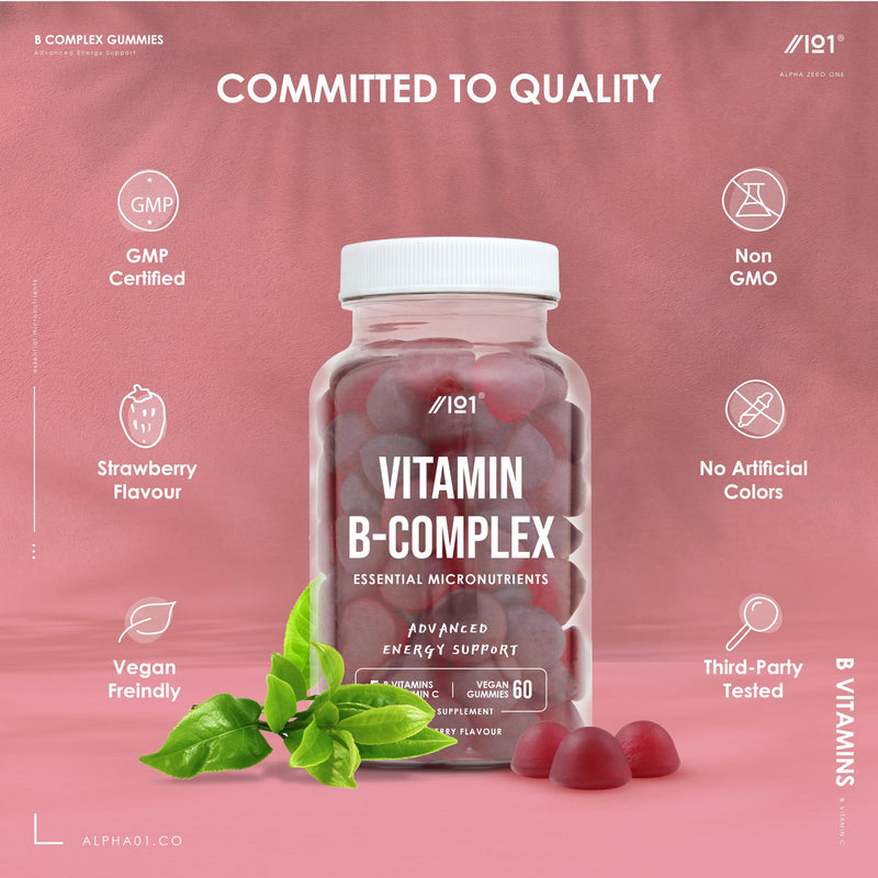 Vitamin B Complex Gummies - 5 Essential B Vitamins & Vitamin C - 60 Vegan Gummies - Strawberry Flavour - By Alpha01