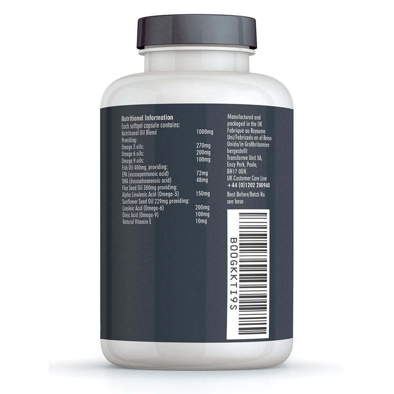 Omega 3 6 9 Fish Oil 1000mg 180 Capsules, Fish, Flaxseed & Sunflower Seed Oils, EPA, DHA, ALA, LA, Oleic Acid, Gluten Free, by Transforme