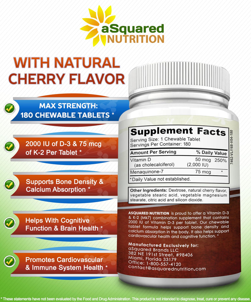 Vitamin D3 with K2 Supplement - 180 Chewable Tablets: Vit D-3 2000 IU & K-2 | Max Strength D3 K2 - Pure D-3 Cholecalciferol & K-2 MK7 to Support Healthy Bones, Teeth, Heart - Antioxidant Energy Formula 180 Count (Pack of 1)