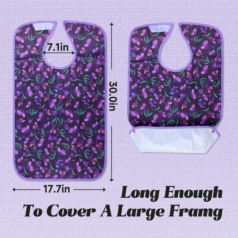 [Australia] - Adult Bibs - 3 Pcs Washable Clothing Protector with Crumb Catcher, Reusable Waterproof Large Feeding Adult Bib Flowers 
