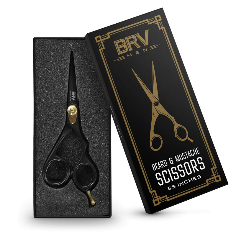 BRV MEN Professional Mustache & Beard Trimming Scissors - 5.5" | High Carbon Stainless Steel & Hammer Forged Mustache Scissors | Razor Sharp Facial Hair Trimming Shears (RIGHT HANDED - Black) Right Handed - Black