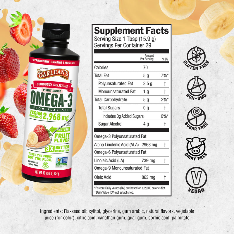 [Australia] - Barlean's Strawberry Banana Omega 3 Liquid Flaxseed Oil with 2,968 mg Vegan Omegas 3 6 9, Smoothie Supplements for Kids & Adults from Cold Pressed Flax Seed Oil, Non-GMO & Gluten Free, 16 oz Strawberry Banana Smoothie 1 Pound (Pack of 1) 
