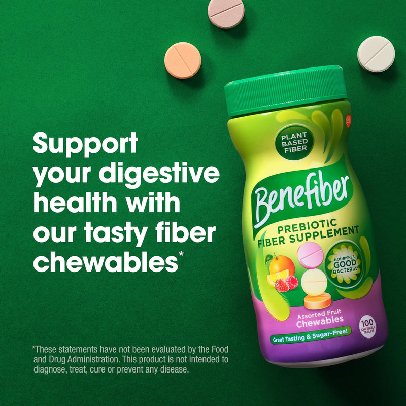 [Australia] - Benefiber Chewable Prebiotic Fiber Supplement Tablets for Digestive Health, Assorted Fruit Flavors - 100 Count 