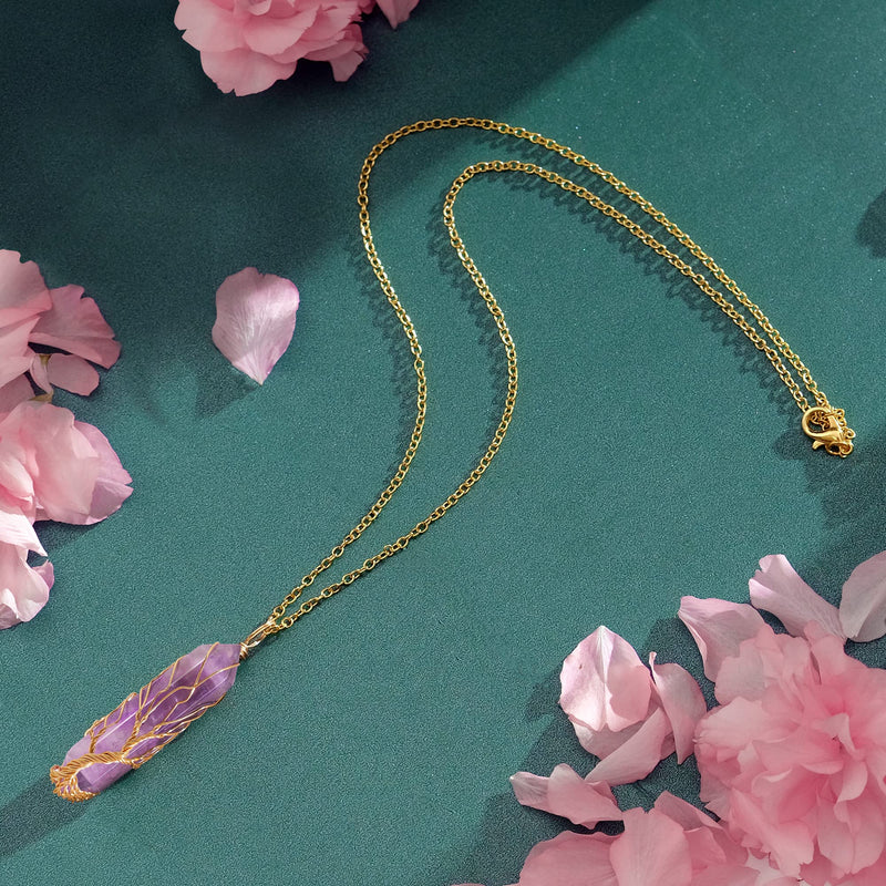 [Australia] - Healing Crystal Necklace Tree of Life Wire Wrapped Natural Stone Point Pendant Necklace Hexagonal Reiki Spiritual Quartz Gemstone Jewelry for Women Men Amethyst 