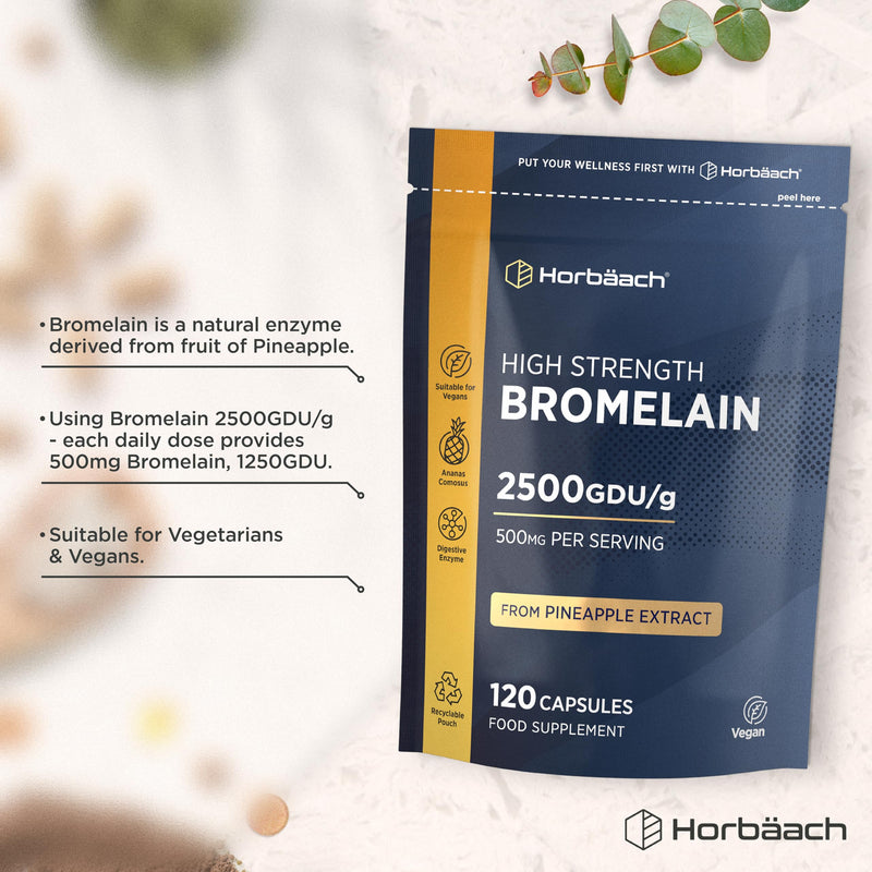 Bromelain Capsules 2500GDU/g | High Strength Digestive Enzyme Supplement from Pineapple Extract (Ananas Comosus) | 500mg | 120 Vegan Capsules | by Horbaach