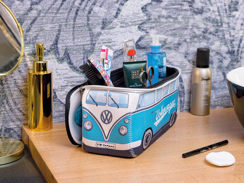 BRISA VW Collection - T1 Bus Camper Toiletry Bag Cosmetic Case | Volkswagen Toiletry Bag Cosmetic Case, Water-Repellent, Hanging Hook, 4 Mesh Pockets for Travel, Neoprene, Turquoise Large Large (11.8 X 5.5 X 4.7 Inches)