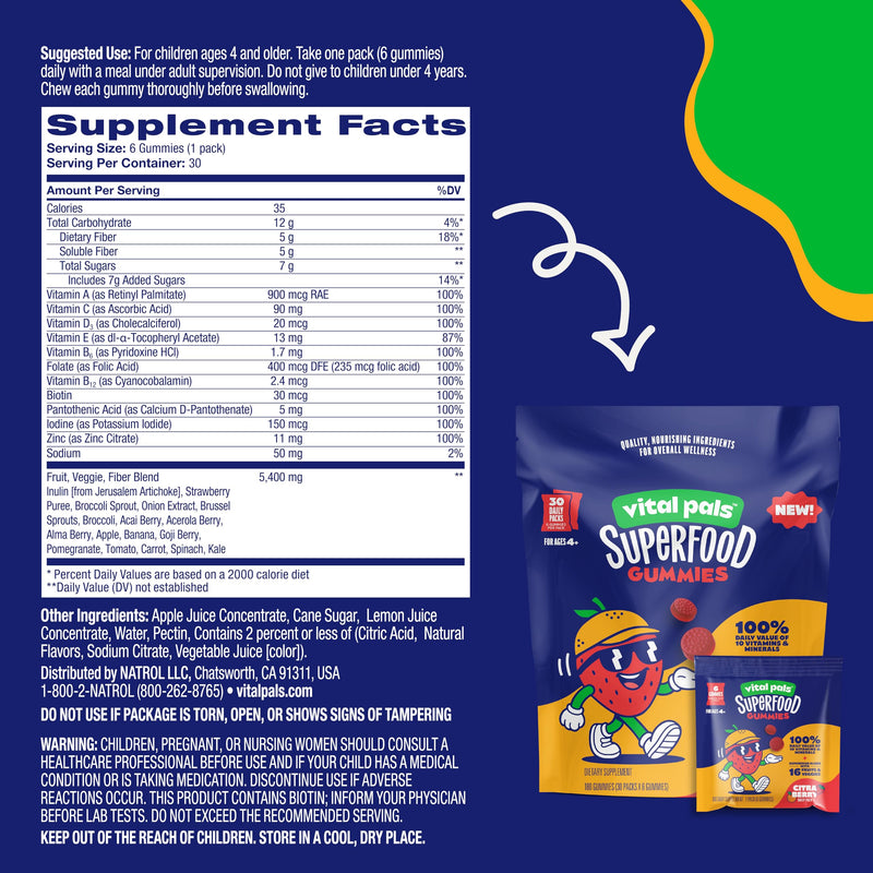Citra-Berry Superfood Gummies for Kids, 16 Fruits & Veggies | Includes 30 Daily Packs for Ages 4+, Kids Multivitamin, Superfood Blend, Immune Support Citra-Berry