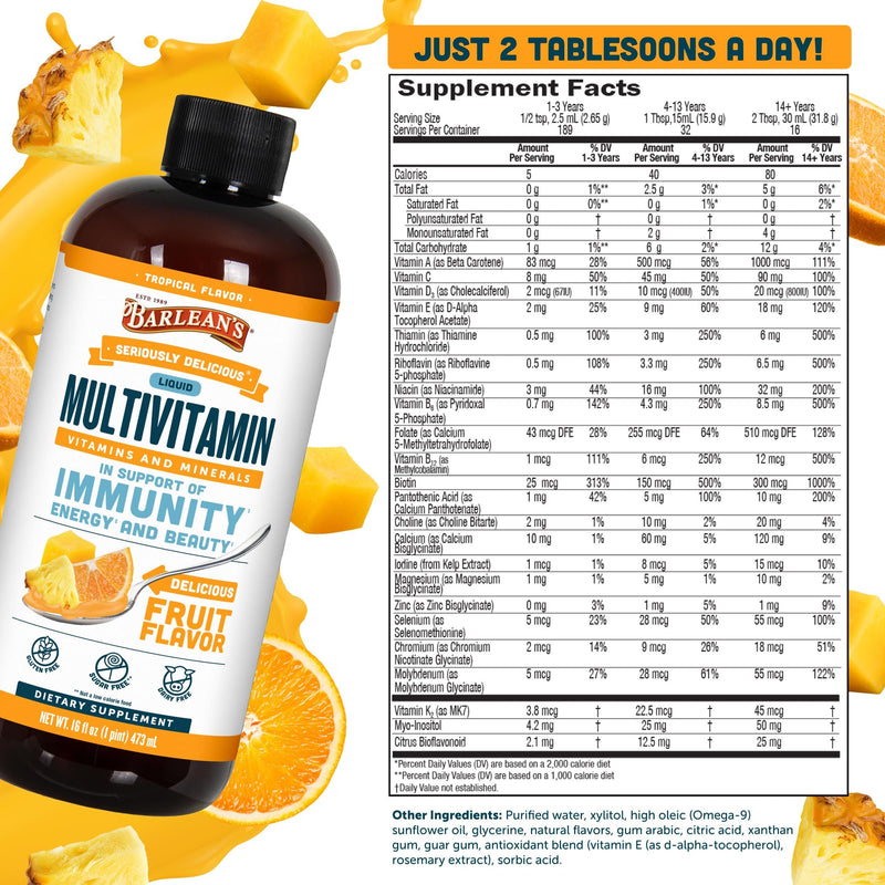 Barlean's Tropical Liquid Multivitamin, 21 Vitamins & Minerals, 16oz | Biotin, B-complex, vitamins C, D3 & K2, Smoothie-like liquid, Non-GMO, Gluten-free, For women, men & kids, Wellness 16 Fl Oz (Pack of 1)