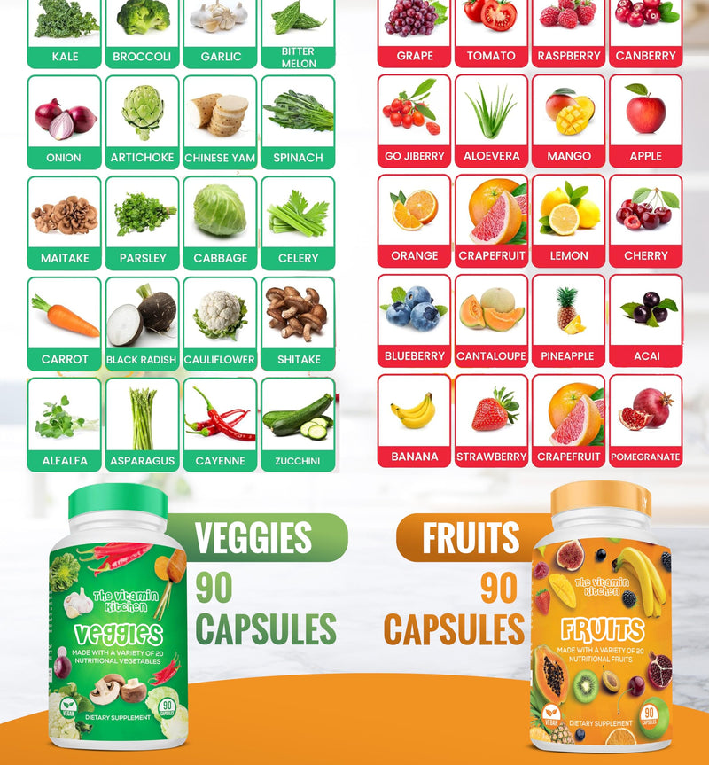 The Vitamin Kitchen Fruit and Veggie Supplements-90 Fruits, 90 Veggies Capsules to Boost Energy Level - Whole Food Fruits and Vegetable from Super Foods - Made in USA - Soy & Vegan Free (Pack of 2)… Pack of 2