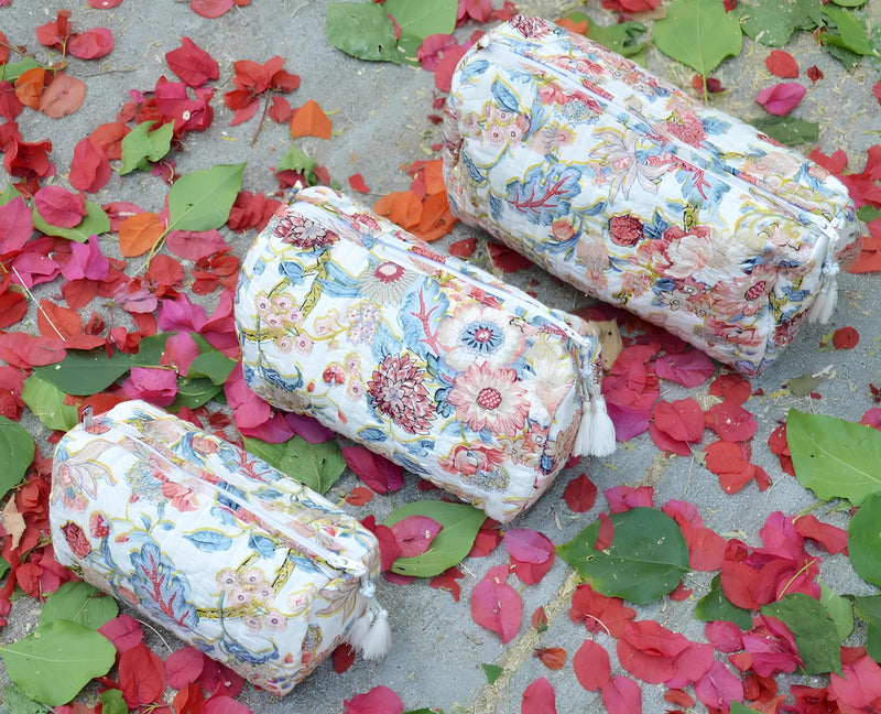 INDACORIFY Indian Cotton Floral Print Toiletry Bag Set of 3 Pieces Quilted Travel Shaving Kit Make up Pouch