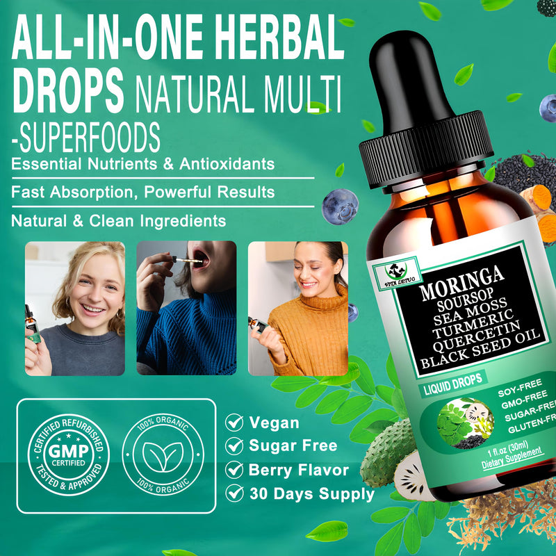 Moringa Drops,Pure Moringa Oleifera Liquid Extract with Soursop Sea Moss Black Seed Oil Quercetin Turmeric - Multimineral&Vitamins Superfood Drops for Energy Immune,Digestive,Cell Support,30 Serving