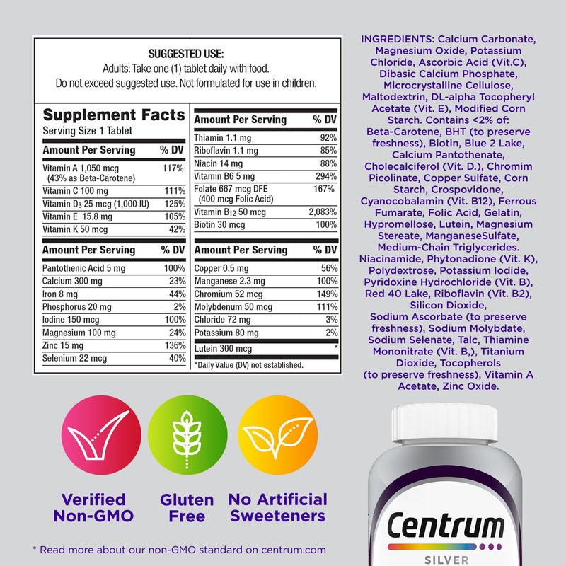 Centrum Silver Women's Multivitamin for Women 50 and Over, 100 Tablets | Contains Vitamin D3, B Vitamins, Calcium, and Antioxidants, Non-GMO Ingredients, Supports Memory and Cognition, GLP-1 Support 100 Count (Pack of 1)