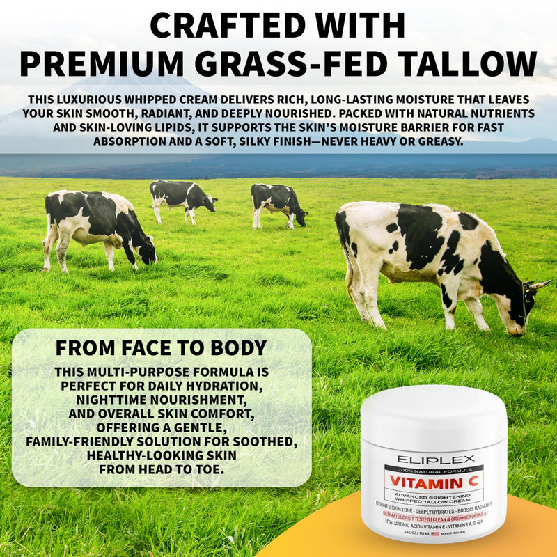 Whipped Tallow Cream – Vitamin C + Hyaluronic Acid | Grass-Fed Tallow, Deep Hydration & Glow | Regenerative Face & Body Balm | 4 oz.