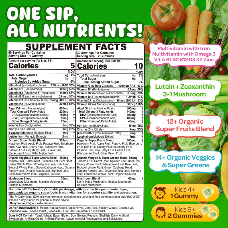 Kids Teens Ages 4–17 Multivitamin with Iron Omega 3, D3 K2, Picky Eater Vitamin Super Greens Gummies, Boys Girls Organic Fruits Veggies Superfood Gummy, Mushroom | Immune Bone Brain, 2Pack