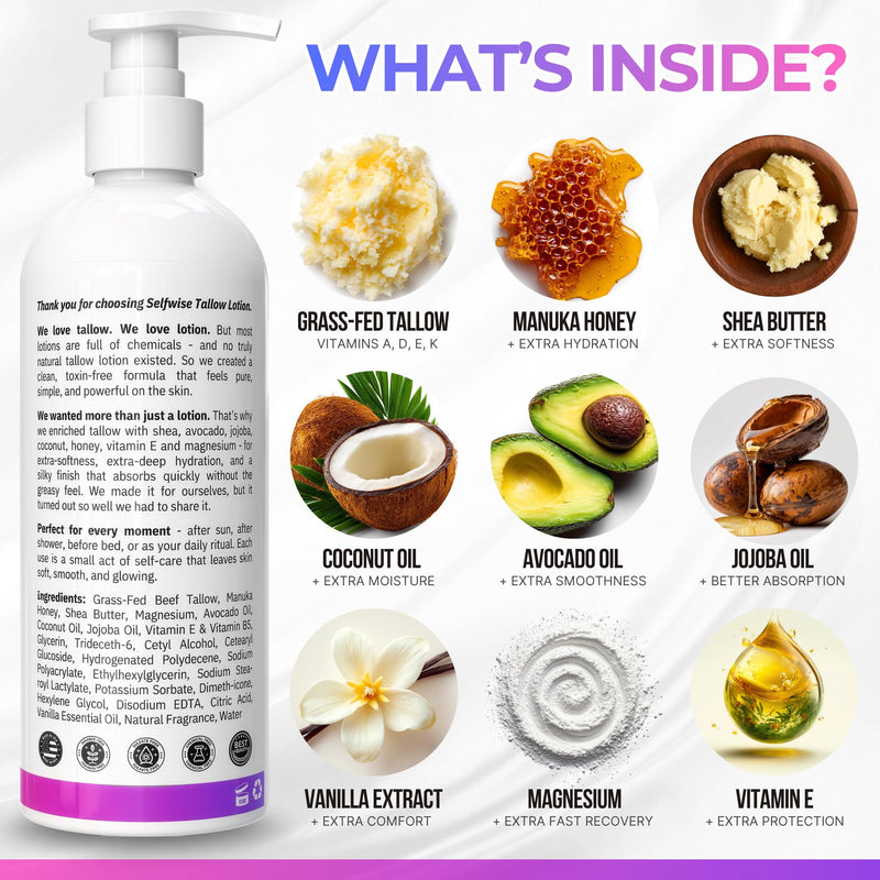 Beef Tallow Body Lotion with Magnesium, Shea Butter, Avocado, Honey - Natural Lotion with Vitamin E - Fast Absorbing, Non-Greasy Moisturizer for Dry & Sensitive Skin, Daily Hydrating Body Cream 8 Fl Oz (Pack of 1)