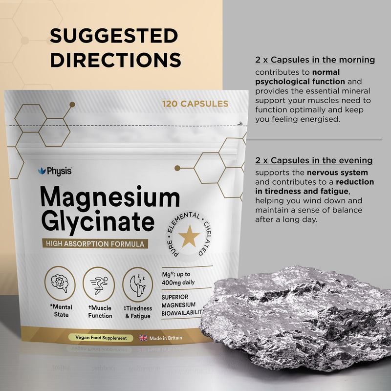 Physis Magnesium Glycinate 400mg | High Strength Elemental for Sleep, Mind & Muscle | Vegan Chelated Magnesium Bisglycinate | Bioavailable | Non-Laxative Natural Mineral | 120 x Magnesium Capsules 120 count (Pack of 1)